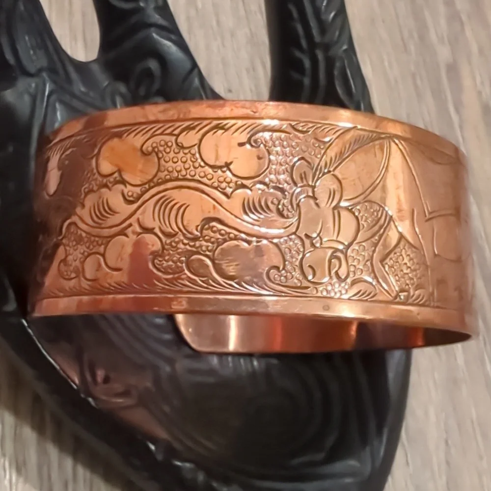 Vintage Copper Ethnic Story Etched Cuff